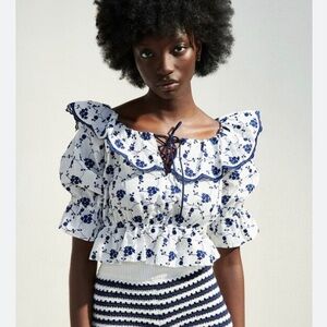 Zara Embroidered Ruffle Crop Top